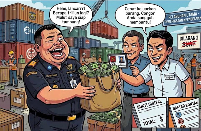 Ilustrasi komikal praktik suap kepabeanan (AI/Gemini)