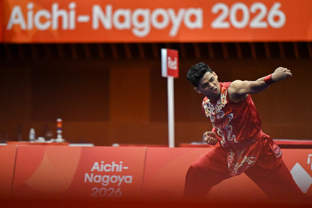 Pewushu Indonesia Ahmad Ghozali Fuaiz tampil pada final wushu nanquan putra Asian Games Aichi-Nagoya 2026 di Aichi Prefectural Martial Arts Hall, Nagoya, Aichi, Jepang, Selasa (22/9/2026). Foto: Fauzan/ANTARA FOTO