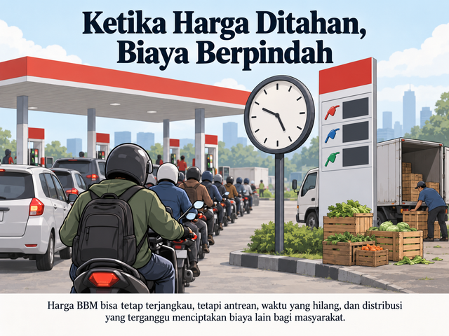 Ilustrasi dampak antrean BBM ke masyarakat. Foto generated by AI