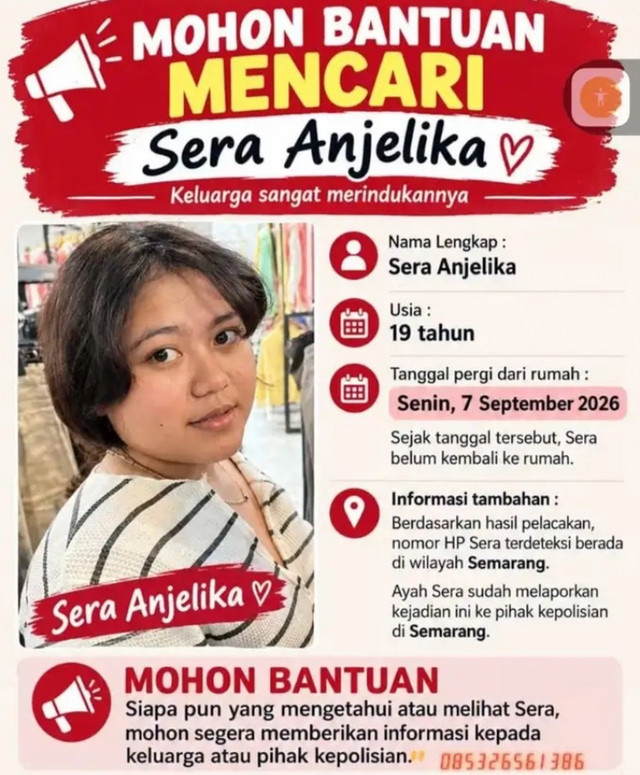 Flyer laporan orang hilang bernama Sera Anjelika (19) warga Kabupaten Sleman, Daerah Istimewa Yogyakarta. Foto: Dok. Istimewa
