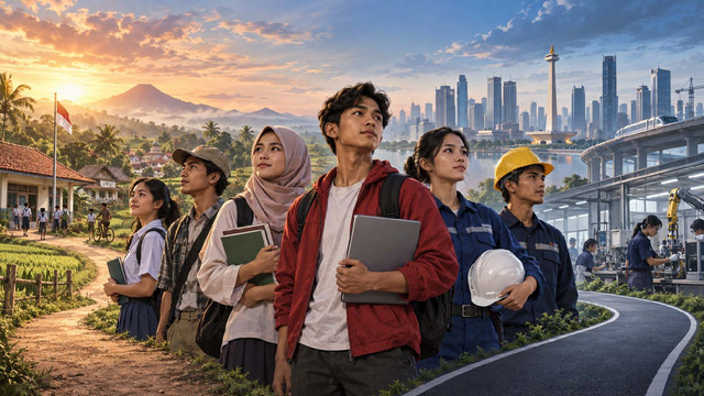 Ilustrasi bonus demografi, ketimpangan pendidikan, dan peluang kerja anak muda. Gambar dibuat dengan AI (OpenAI) atas arahan penulis.