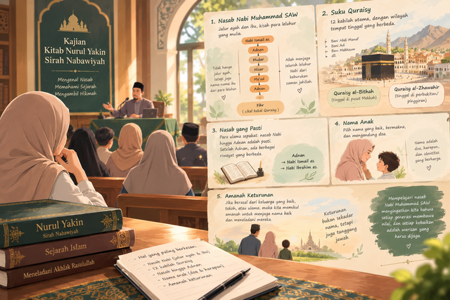 Ilustrasi kajian Sirah Nabawiyah tentang nasab Nabi Muhammad SAW, keluarga, Quraisy, dan amanah menjaga nilai kebaikan dari generasi ke generasi. Sumber: OpenAI, 2026.