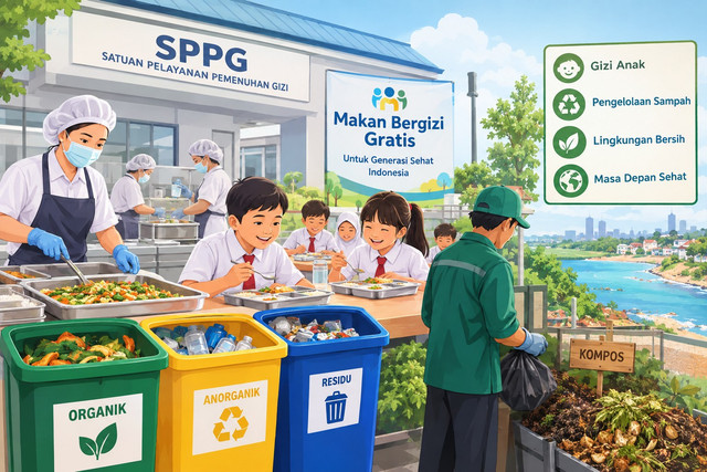Ilustrasi menggambarkan kegiatan Makan Bergizi Gratis (MBG) di SPPG yang disertai pemilahan dan pengolahan sampah organik, anorganik, serta residu untuk menjaga kesehatan masyarakat dan lingkungan. Sumber: Ilustrasi dibuat menggunakan ChatGPT (AI), 2026.