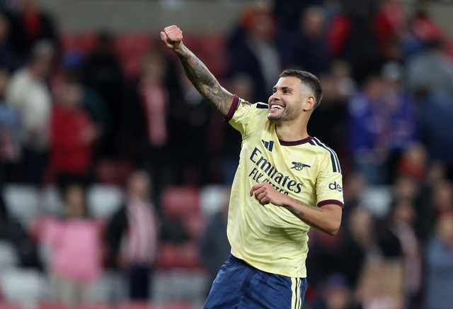 Bruno Guimaraes merayakan kemenangan setelah pertandingan Arsenal.