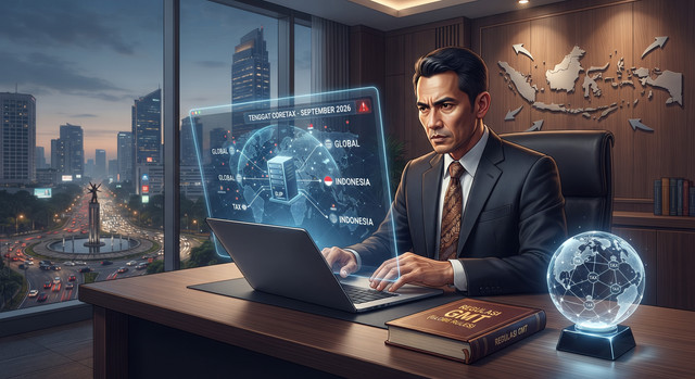 Ilustrasi sistem pelaporan pajak digital Coretax dan kewajiban perusahaan multinasional menyinkronkan data keuangan global untuk menghindari sengketa Pajak Minimum Global. Gemini AI