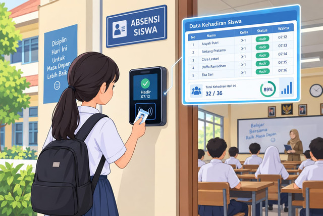 Ilustrasi siswa melakukan absensi tap sebelum mengikuti kegiatan belajar di sekolah. Teknologi membantu pencatatan kehadiran sekaligus menghasilkan data yang dapat dikelola sekolah.