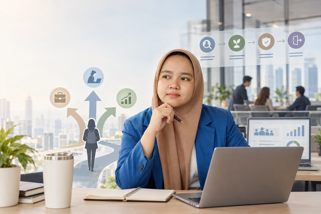 Ilustrasi Gen Z di persimpangan karier, merefleksikan pilihan bertahan atau pindah kerja serta peran perusahaan dalam perencanaan SDM. (sumber: Generate AI)