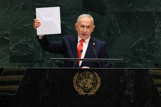 Perdana Menteri Israel Benjamin Netanyahu saat berpidato di Sidang Umum PBB ke-81, Kamis (24/9). Foto: AFP
