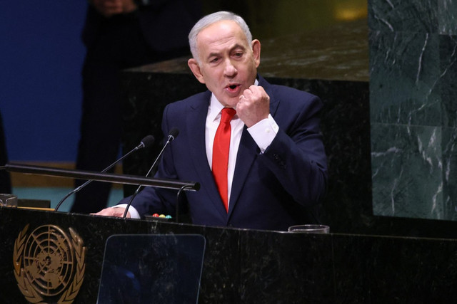 Perdana Menteri Israel Benjamin Netanyahu saat berpidato di Sidang Umum PBB ke-81, Kamis (24/9). Foto: AFP