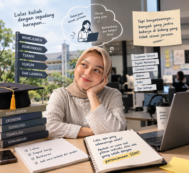 Fenomena lulusan yang bekerja di luar bidang pendidikannya menunjukkan adanya kesenjangan antara kompetensi, kebutuhan kerja, dan perencanaan SDM. (sumber: Generate AI)