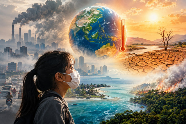 Ilustrasi menggambarkan dampak pemanasan global dan pencemaran udara melalui kota yang dipenuhi emisi, suhu bumi yang meningkat, kekeringan, kebakaran hutan, serta perubahan kondisi lingkungan dan pesisir.Sumber: Ilustrasi dibuat menggunakan ChatGPT (AI), 2026.