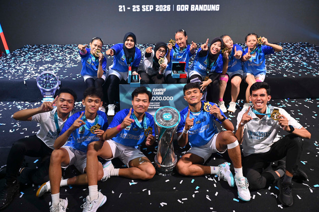 Universitas Negeri Sebelas Maret (UNS) Surakarta meraih juara umum Campus League 2026 - Badminton The Nationals usai menaklukkan Universitas Bina Nusantara (BINUS) Jakarta 55-46, 52-55, 55-47 di GOR Bandung, Jawa Barat. Foto: Dok. Campus League