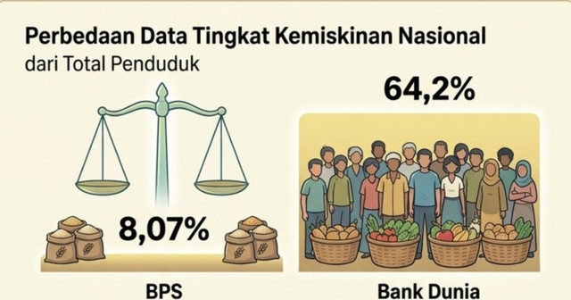 Ilustrasi perbedaan ukuran kemiskinan antara BPS dan Bank Dunia (Gambar: AI-Generate)