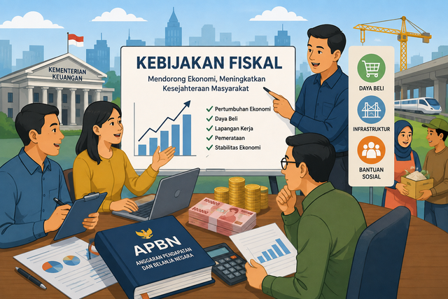 Ilustrasi kebijakan fiskal pemerintah melalui APBN yang diarahkan untuk mendorong pertumbuhan ekonomi, menjaga daya beli, menciptakan lapangan kerja, dan meningkatkan kesejahteraan masyarakat. Sumber : Generate By AI