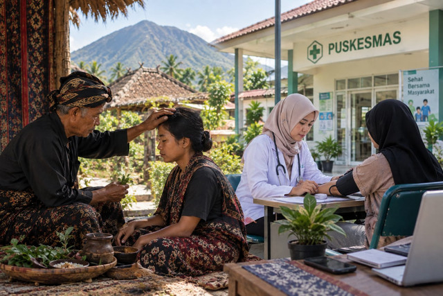 Ilustrasi: Pengobatan tradisional dan media modern di masyarakat Sasak (Ilustrasi AI)