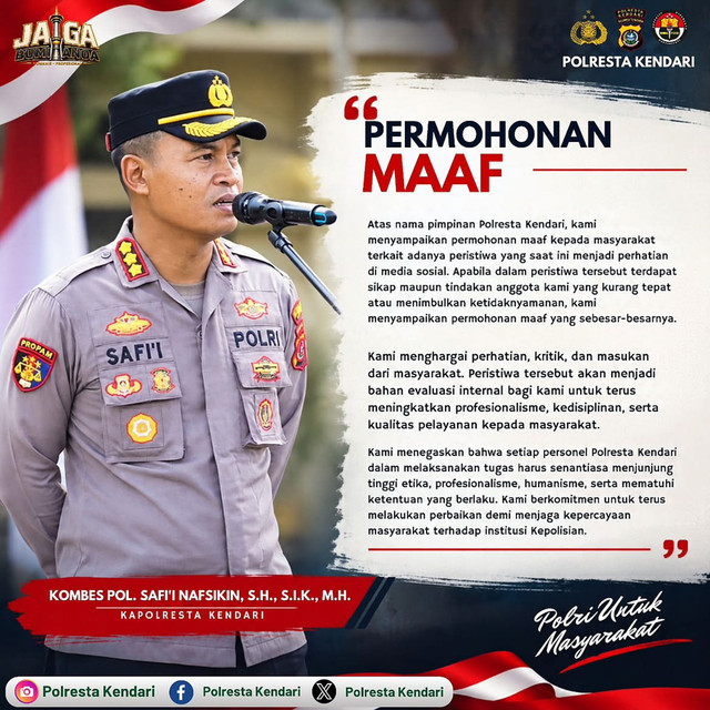 Permohonan maaf Polresta Kendari terkait adanya peristiwa yang saat ini menjadi perhatian di media sosial. Foto: Instagram/ @polrestakendari