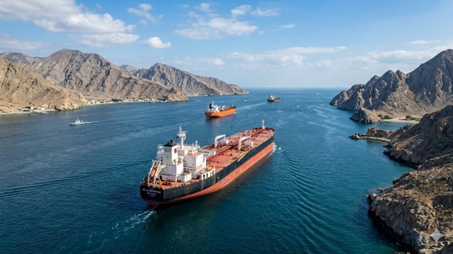 ilustrasi kapal tanker melintasi Selat Hormuz (Google Gemini)