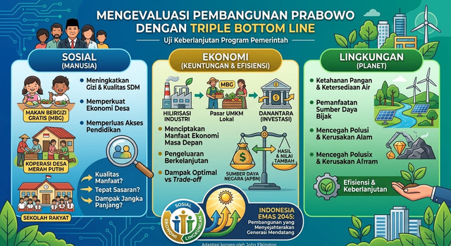 Ilustrasi mengevaluasi program pembangunan Prabowo berdasarkan triple bottom line. Generated by Gemini