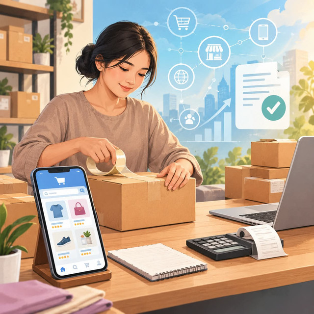 Ilustrasi penjual UMKM yang mengemas pesanan marketplace di tengah perkembangan ekonomi digital dan kewajiban perpajakan. Sumber: Ilustrasi dibuat menggunakan AI ( ChatGPT).