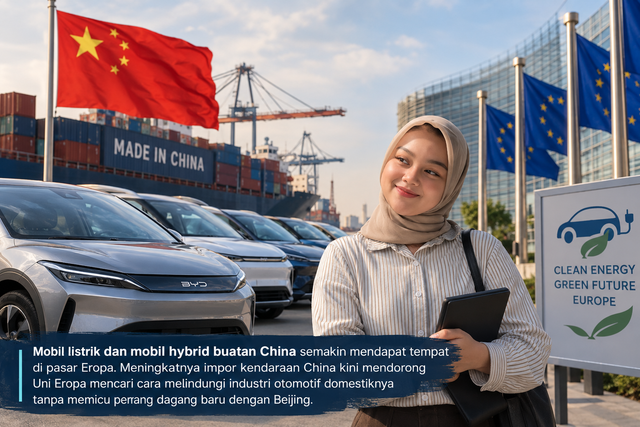 Mobil hybrid China semakin berkembang di pasar Eropa. Lonjakan impor kini mendorong Uni Eropa mencari cara melindungi industri otomotif domestik tanpa memicu konflik perdagangan baru dengan China. (sumber: Generate AI)