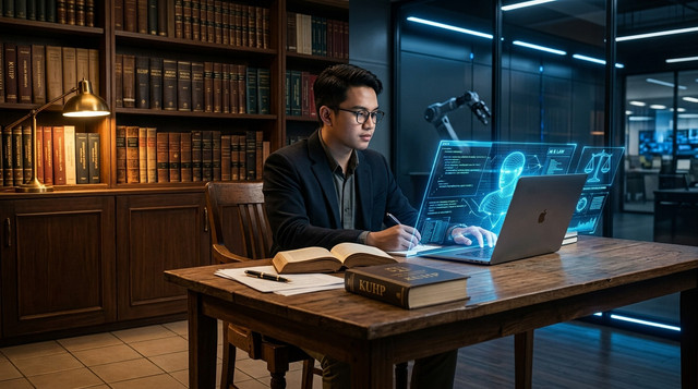 Ilustrasi: Persimpangan studi hukum modern: perpaduan literatur hukum tradisional dan teknologi AI dalam proses berpikir kritis mahasiswa hukum. (Foto: Dok. Pribadi / AI Generated)
