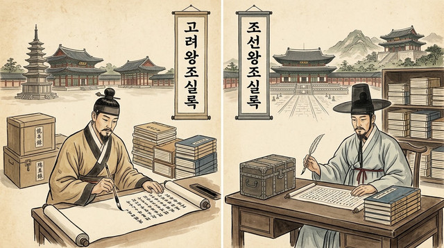 Ilustrasi proses pencatatan sejarah Goryeo Wangjo Sillok dan Joseon Wangjo Sillok. (Ilustrasi AI / Dok. Pribadi)