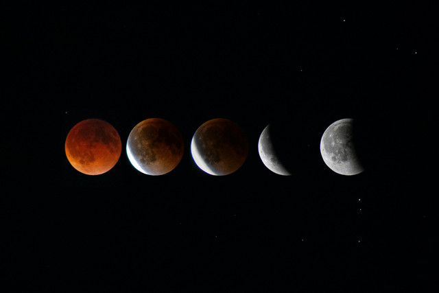 Proses terjadinya gerhana bulan. Sumber: https://unsplash.com/id/foto/urutan-fase-bulan-selama-gerhana-bulan-RUceFOcl9vU