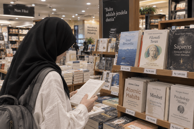 Gambar 1. Seorang pembaca sedang memilih buku di toko buku dengan memperhatikan harga yang tertera pada rak. Visual ini menggambarkan persoalan keterjangkauan harga buku bagi masyarakat.Gambar dibuat dengan bantuan AI.