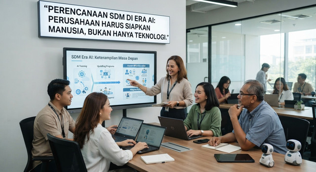 gambar ini memperlihatkan suasana rapat di kantor modern dengan kutipan di dinding yang menegaskan bahwa perencanaan SDM di era AI mengharuskan perusahaan untuk fokus mempersiapkan manusia, bukan sekadar teknologi.ilustrasi AI