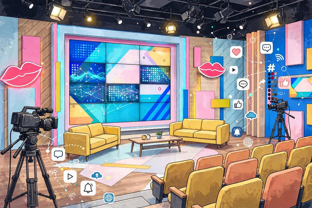 Ilustrasi studio talkshow entertainment yang beradaptasi dengan strategi programming televisi di era digital. Foto: Ilustrasi AI.