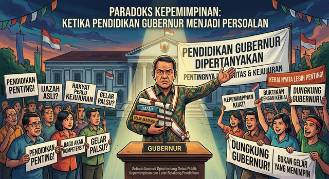 Ilustrasi dinamika pandangan masyarakat terkait urgensi pendidikan formal bagi seorang gubernur dalam menjalankan roda pemerintahan. By: Gemini AI