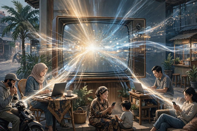 Ilustrasi perubahan kebiasaan menonton di mana tayangan televisi kini harus menjangkau penonton melalui berbagai platform digital. Foto: Ilustrasi AI.