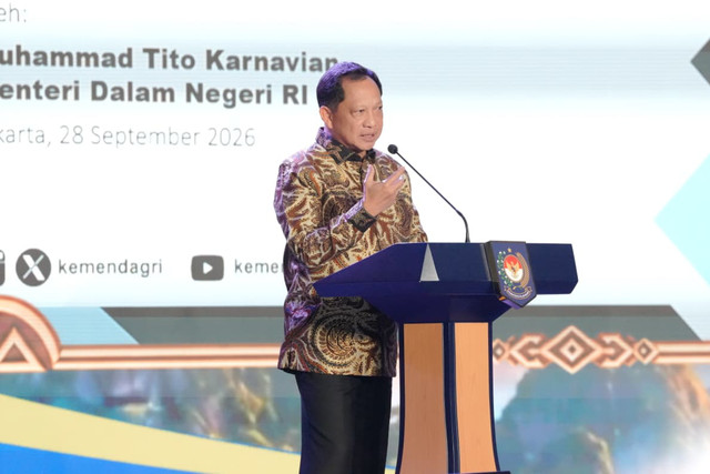Mendagri Tito Karnavian dalam acara Apresiasi Pemerintah Daerah Berprestasi 2026 Batch II Regional Papua di Jakarta, Senin (28/9/2026). Foto: Kemendagri RI