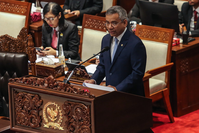 Menteri Keuangan Suahasil Nazara menyampaikan pendapat akhir mewakili Presiden pada Rapat Paripurna DPR RI ke-7 Masa Persidangan I Tahun Sidang 2026-2027 di Kompleks Parlemen, Senayan, Jakarta, Selasa (29/9/2026). Foto: Asprilla Dwi Adha/ANTARA FOTO