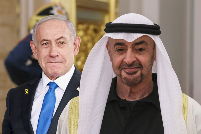 Kolase Presiden UEA Sheikh Mohamed bin Zayed al-Nahyan (MBZ) dengan Perdana Menteri Israel Benjamin Netanyahu. Foto: MAXIM SHIPENKOV/POOL/AFP, Kevin Lamarque/REUTERS