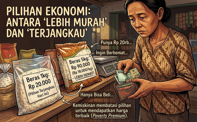 Ilustrasi pilihan konsumen dalam membeli kebutuhan pokok dengan anggaran terbatas. Dibuat menggunakan Gemini AI.
