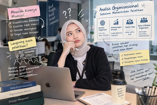 Analisis kebutuhan pelatihan membantu perusahaan menemukan akar masalah kinerja, bukan sekadar memberikan training kepada karyawan di dunia industri. (sumber: Generate AI)