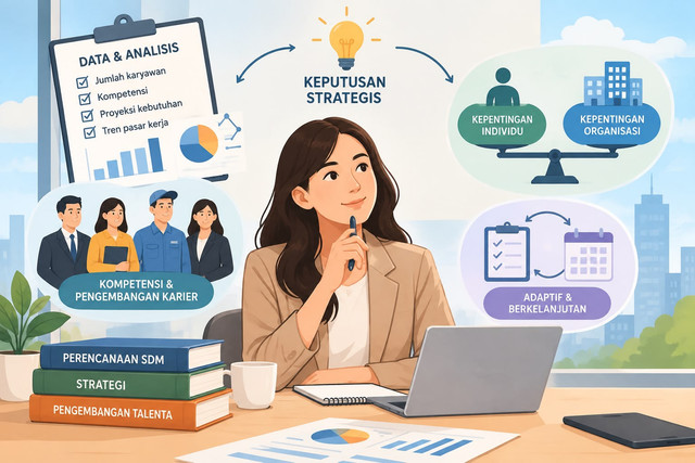 Sumber gambar : Ilustrasi gambar menggunakan AI, 2026                                                 Perencanaan SDM bukan sekadar menghitung jumlah karyawan dan menyusun target rekrutmen. Di balik angka, ada keputusan strategis tentang kompetensi, pengembangan karier, dan masa depan organisasi. Lalu, bagaimana seharusnya perusahaan merencanakan SDM agar tetap adaptif sekaligus manusiawi?
