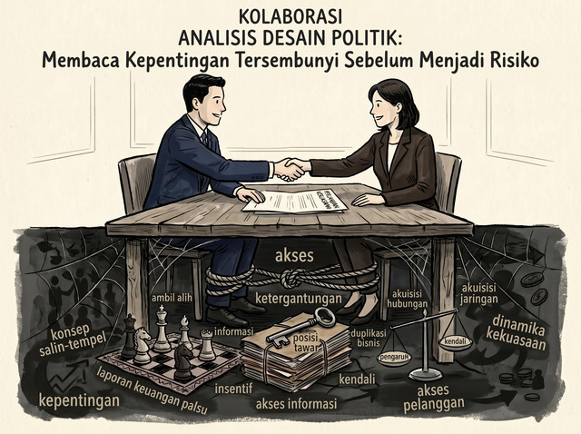Ilustrasi Kolborasi penuh dengan kepentingan tersembunyi. Dok: AI