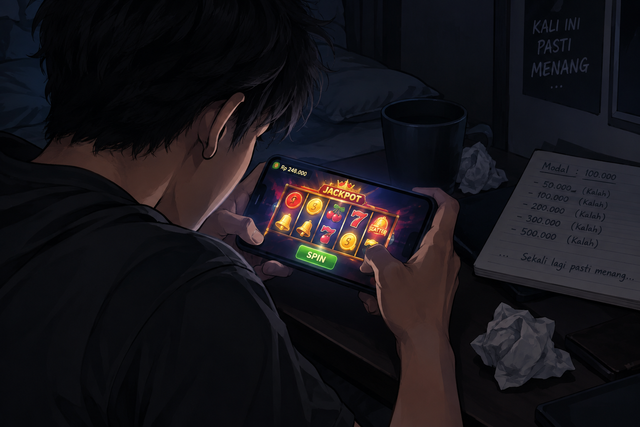 seseorang sedang bermain judi online melalui hand phone. Sumber: Ilustrasi dibuat menggunakan AI melalui ChatGPT (OpenAI)