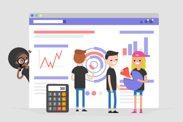 ilustrasi: konseptual analisis data. Karakter muda berdiri di depan browser dengan grafik dan infografis. informasi. Tim milenial internasional. Vektor yang dapat diedit datar, clip art. Karya: nadia_bormotova/iStock 