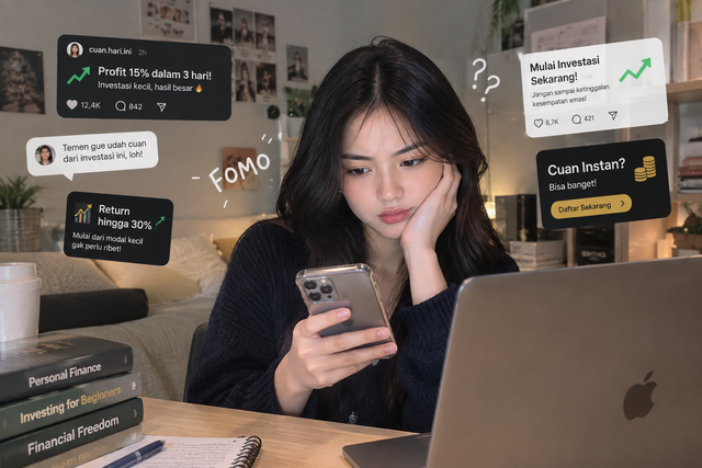 Ilustrasi FOMO investasi di kalangan anak muda yang tergiur janji cuan instan. (Ilustrasi: AI)