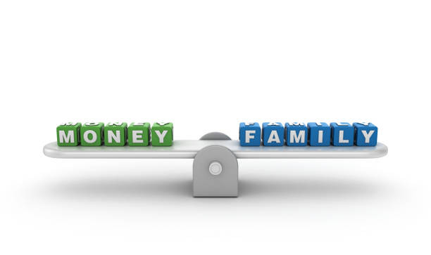 Jungkat-jungkit dengan MONEY FAMILY Buzzword Cubes - Gradient Background - Rendering 3D. Karya: porcorex/iStock