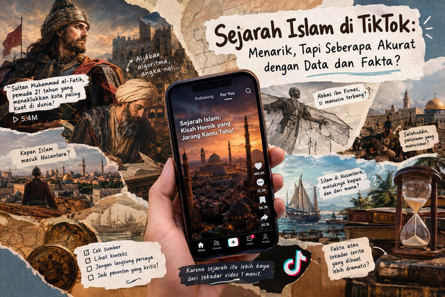 Ilustrasi AI tentang sejarah Islam di TikTok dan pentingnya memeriksa data serta sumber sejarah di balik konten yang viral.