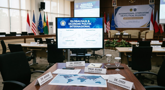 Foto dokumenter konferensi akademis / simposium internasional (International Symposium on Political Economy) (Source: AI Generated (Gemini))