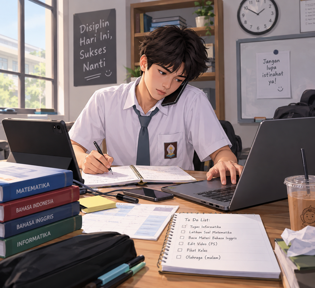 Ilustrasi siswa SMA sedang multitasking. -AI Generate