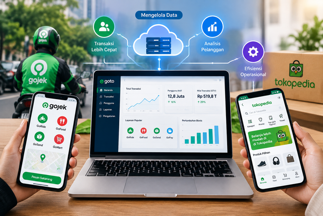 Ilustrasi sistem informasi yang bekerja di balik layanan digital Gojek dan Tokopedia untuk mengelola data, transaksi, dan mendukung efisiensi bisnis. Dokumen. Foto : Shutterstock.