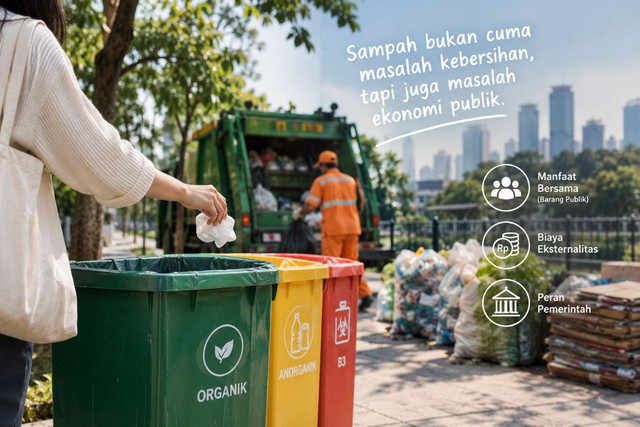 Ilustrasi pengelolaan sampah sebagai persoalan ekonomi publik. Sumber: Generatif AI.