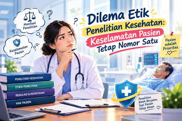 ilustrasi dilema etik penelitian kesehatan: keselamatan pasien tetap nomor satu (gambar dibuat menggunakai AI khusus untuk keperluan ilustrasi artikel.