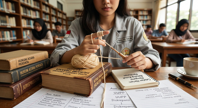 Gambar ini memperlihatkan suasana meja belajar seorang mahasiswa hukum di perpustakaan. Di atas meja kayu, terdapat tumpukan kitab undang-undang dan buku literatur hukum tebal seperti Hukum Acara Perdata, Kitab Undang-Undang Hukum Pidana (KUHP), serta Jurisprudensi. (Sumber : Dokumen Pribadi / AI Generated)